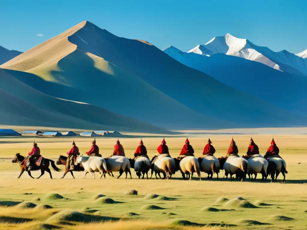 Imagen de la vestimenta nómada del Imperio Mongol en la majestuosa estepa mongola con los montes Altai al fondo