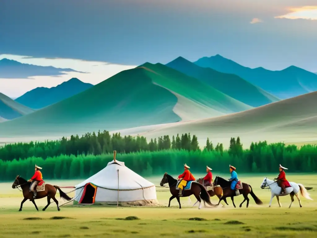 Imagen vibrante de nómadas mongoles en actividades culturales tradicionales, como montar a caballo y construir yurtas, en un paisaje impresionante