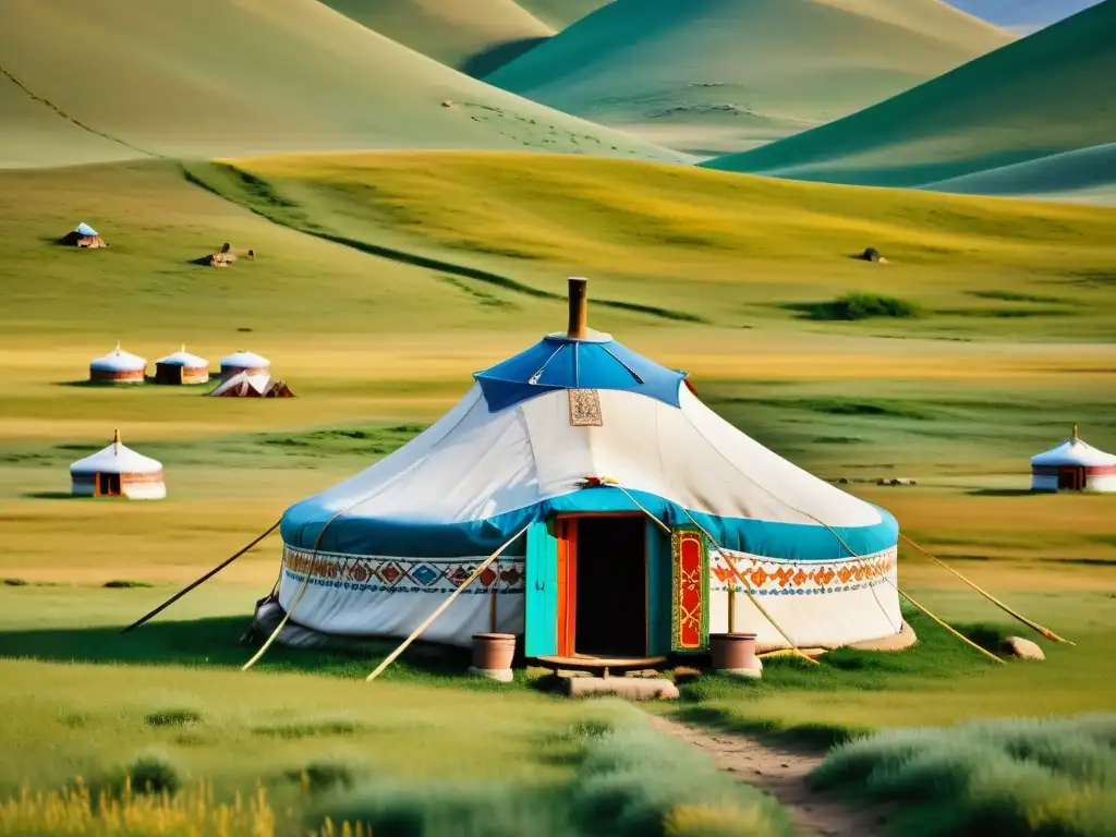 Una imagen vibrante de una yurta tradicional mongola en las vastas estepas, con detalles intrincados y vida nómada alrededor