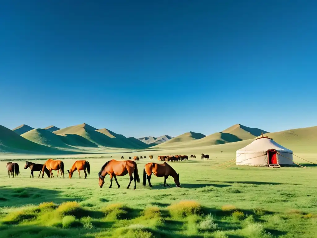 Una imagen en 8k muestra la estepa mongola con una yurta y un majestuoso rebaño de caballos