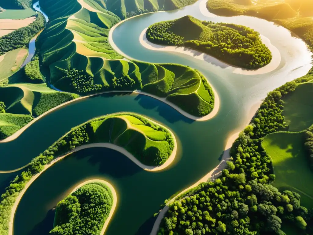 Impactante imagen aérea de un río serpenteante, mostrando el impacto de las conquistas mongolas en los cursos de agua y su entorno natural