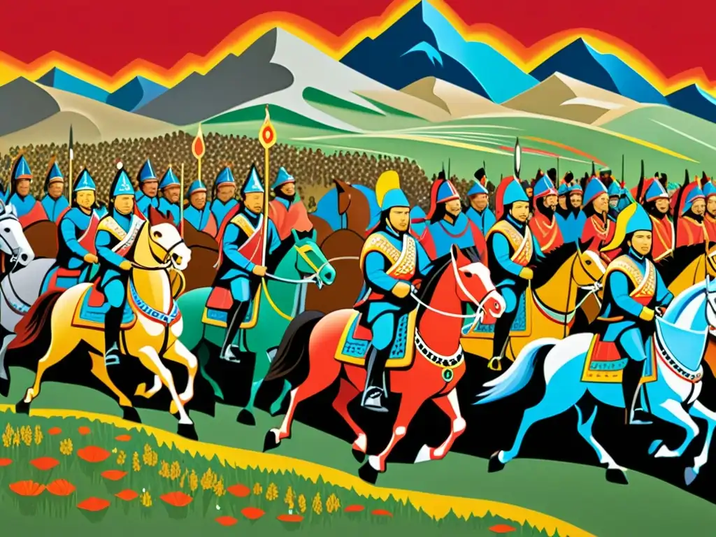 Una impactante instalación de arte moderno representa el legado de Genghis Khan, con una detallada escena de su ejército en las estepas de Mongolia, mostrando su influencia histórica en colores vibrantes y dinámicos