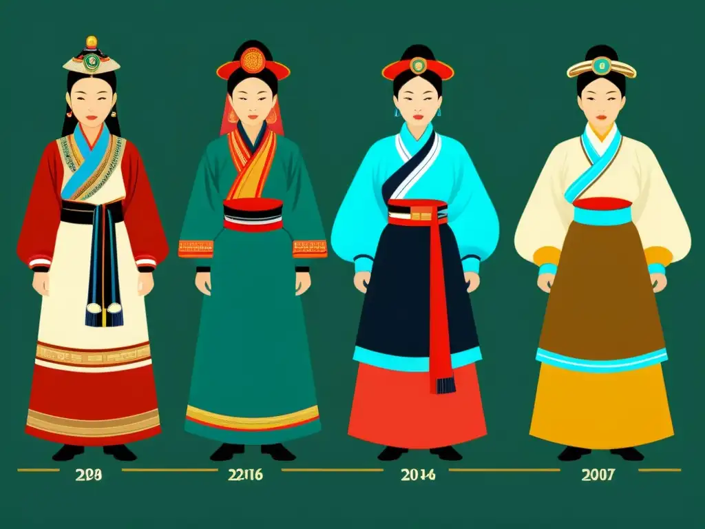 Una impactante línea de tiempo ilustrando la evolución de la vestimenta tradicional de la cultura mongol a lo largo de las eras históricas