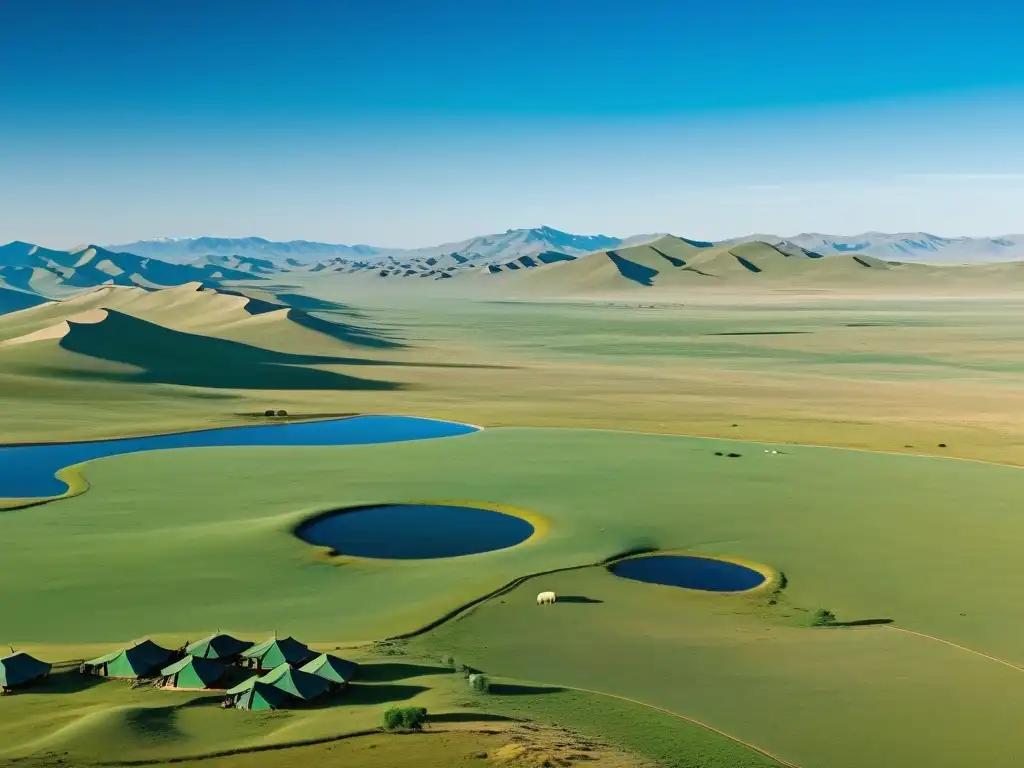 Impacto cultural de las conquistas mongoles en el paisaje de Mongolia: vasta estepa, ger y ganado, cielo azul, huella humana sutil