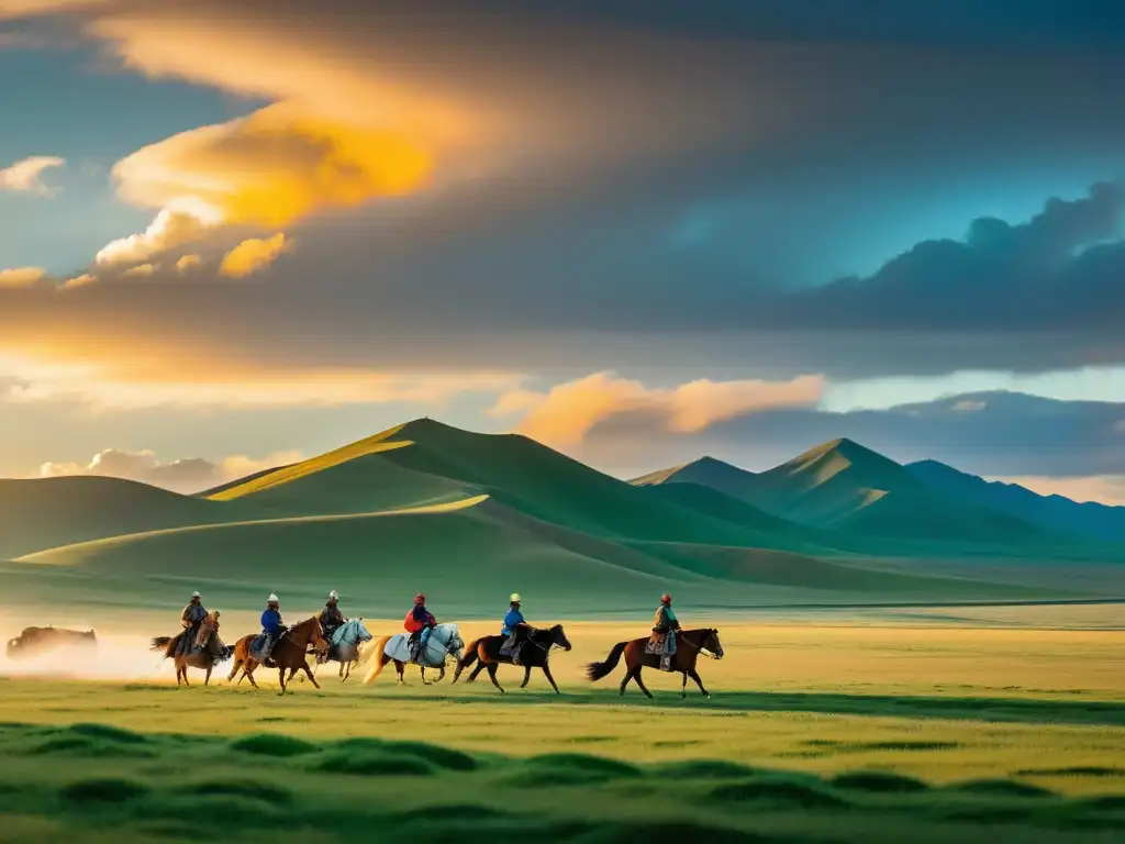 Impacto económico de las conquistas mongolas: paisaje mongol con jinetes yurtas, cielo dramático al atardecer