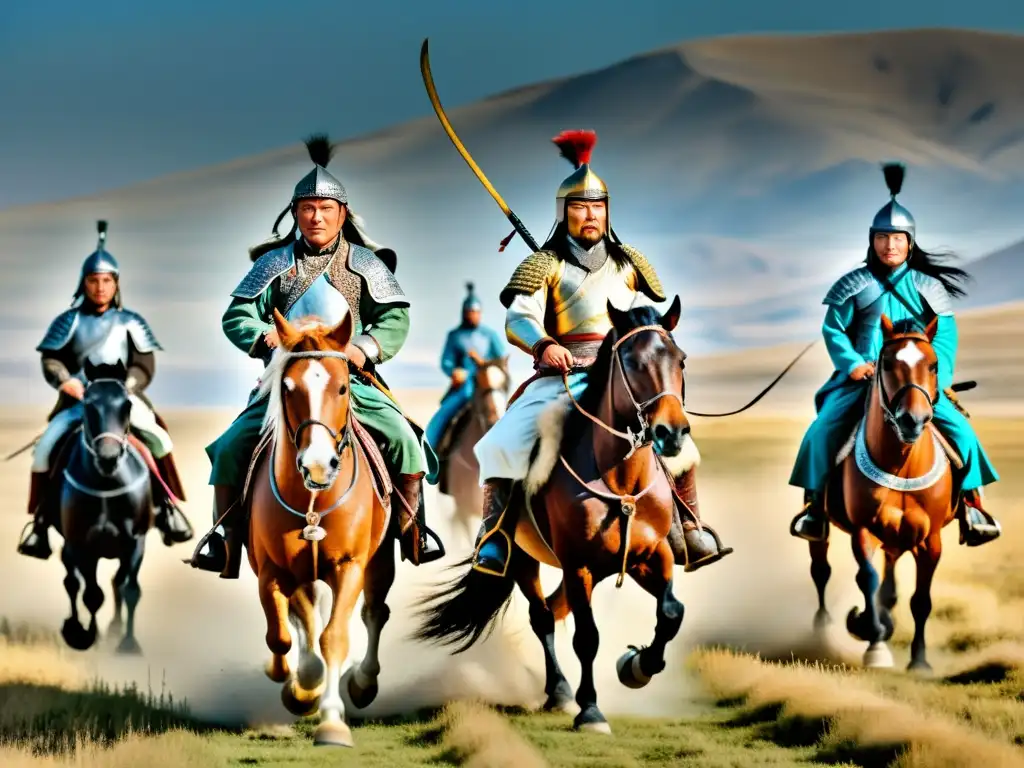 Expansión del Imperio Mongol en Asia: Imagen impactante de Genghis Khan y su ejército a caballo en la vasta estepa mongola, listos para la conquista