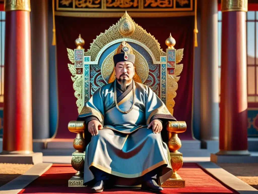 Imperio Mongol: Kublai Khan en su majestuoso trono, rodeado de corte y opulencia, reflejando el poder de un gran líder