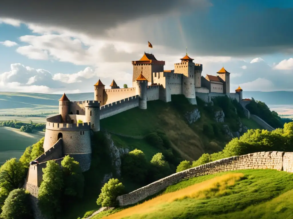 Imponente castillo europeo en la cima de una colina, rodeado de murallas y torres