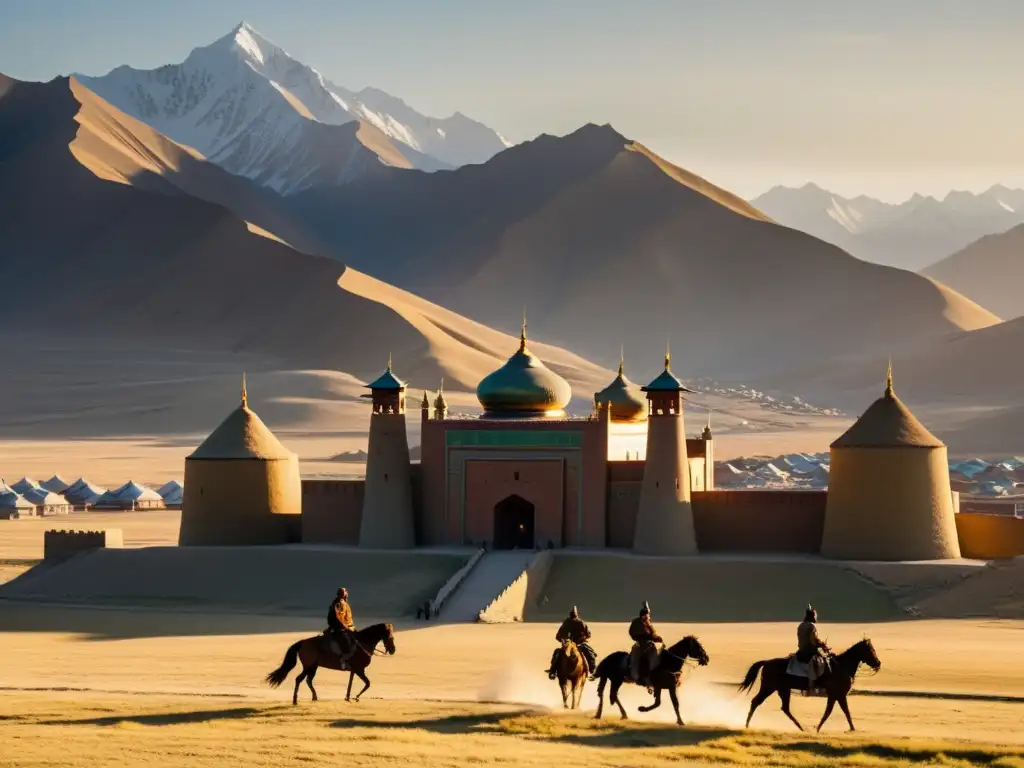 Imponente ciudad de Karakorum, capital del Imperio Mongol, bañada por la cálida luz dorada del atardecer, con guerreros a caballo en primer plano