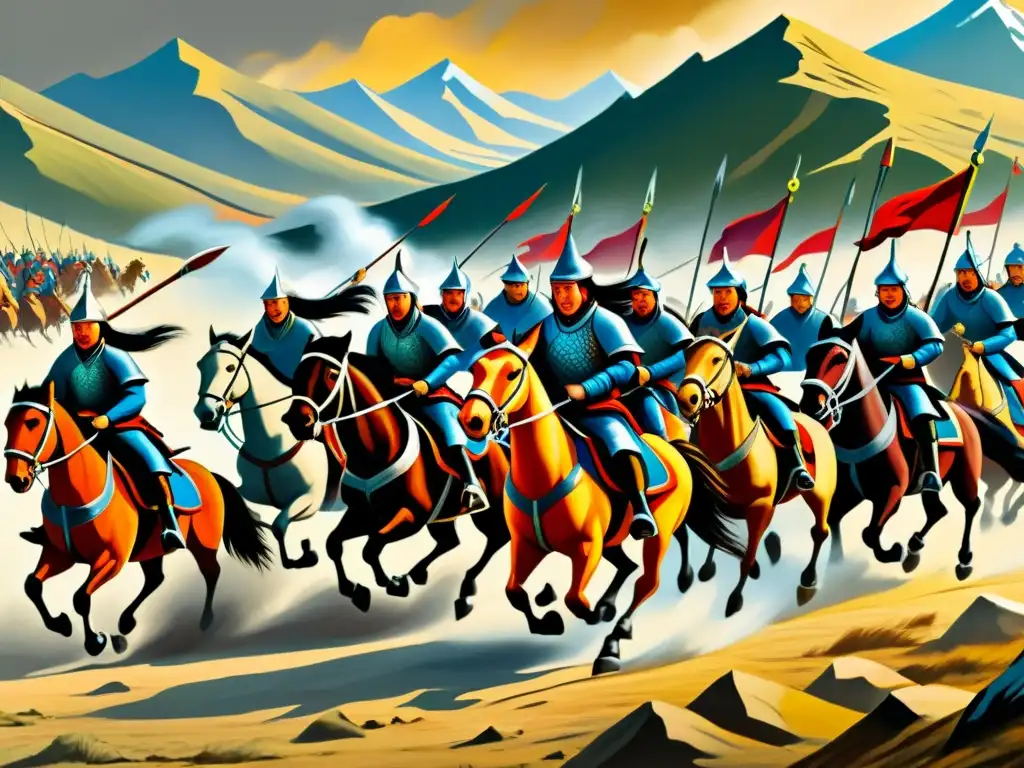 Imponente cuña de guerreros mongoles a caballo en vibrante pintura de estrategia de ataque del imperio mongol