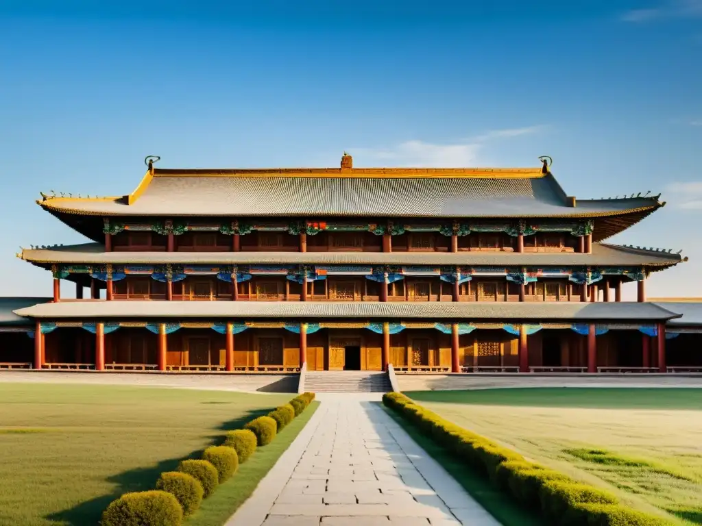 Edificio Administrativo del Imperio Mongol: Grandeza y Actividad Imponente edificio administrativo en el corazón del Imperio Mongol, reflejando la sofisticación de la administración en el Imperio Mongol