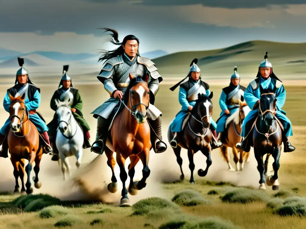 Imponente ejército de Genghis Khan cabalgando por las estepas mongolas, transmitiendo tácticas psicológicas del Imperio Mongol