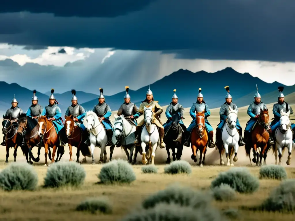 Imponente ejército de guerreros mongoles a caballo en la vasta estepa bajo un cielo tormentoso