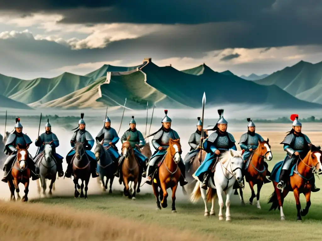 Imponente ejército mongol avanza hacia la antigua ciudad china, bajo cielos amenazantes