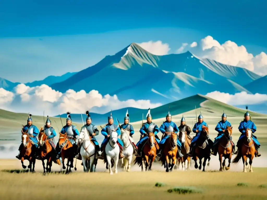 Imponente ejército mongol a caballo en la estepa, mostrando tácticas militares Imperio Mongol con determinación y poder