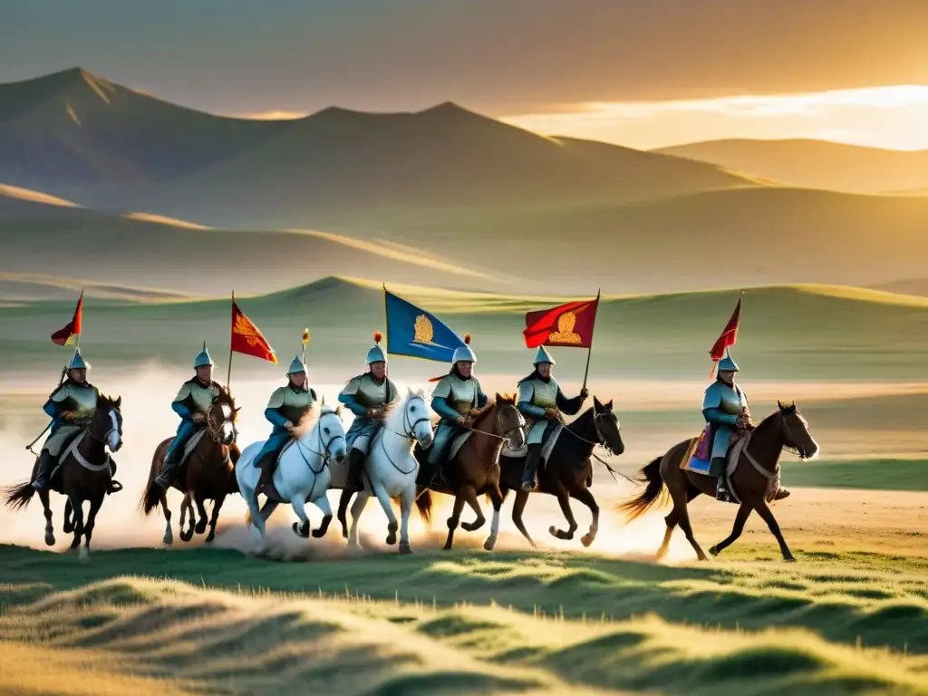 Imponente ejército mongol cabalgando en las estepas, con banners coloridos ondeando al viento y el sol dorado poniéndose