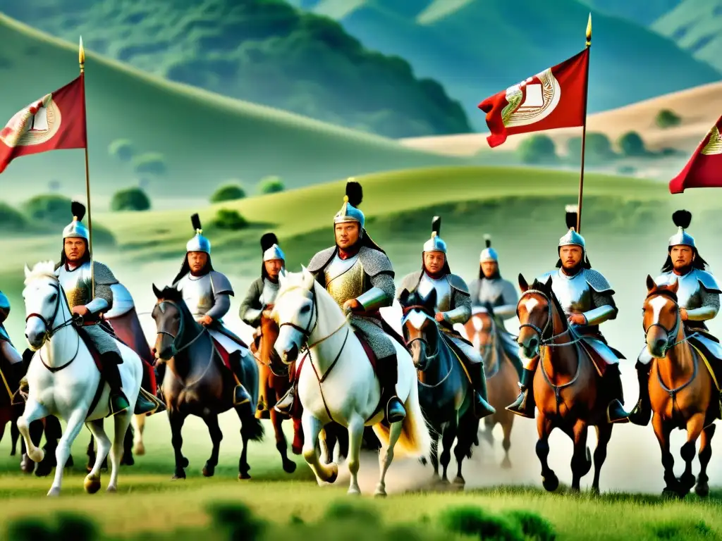 Imponente ejército mongol en marcha por exuberantes paisajes de Asia, muestra la expansión del Imperio Mongol en Asia con determinación y poderío