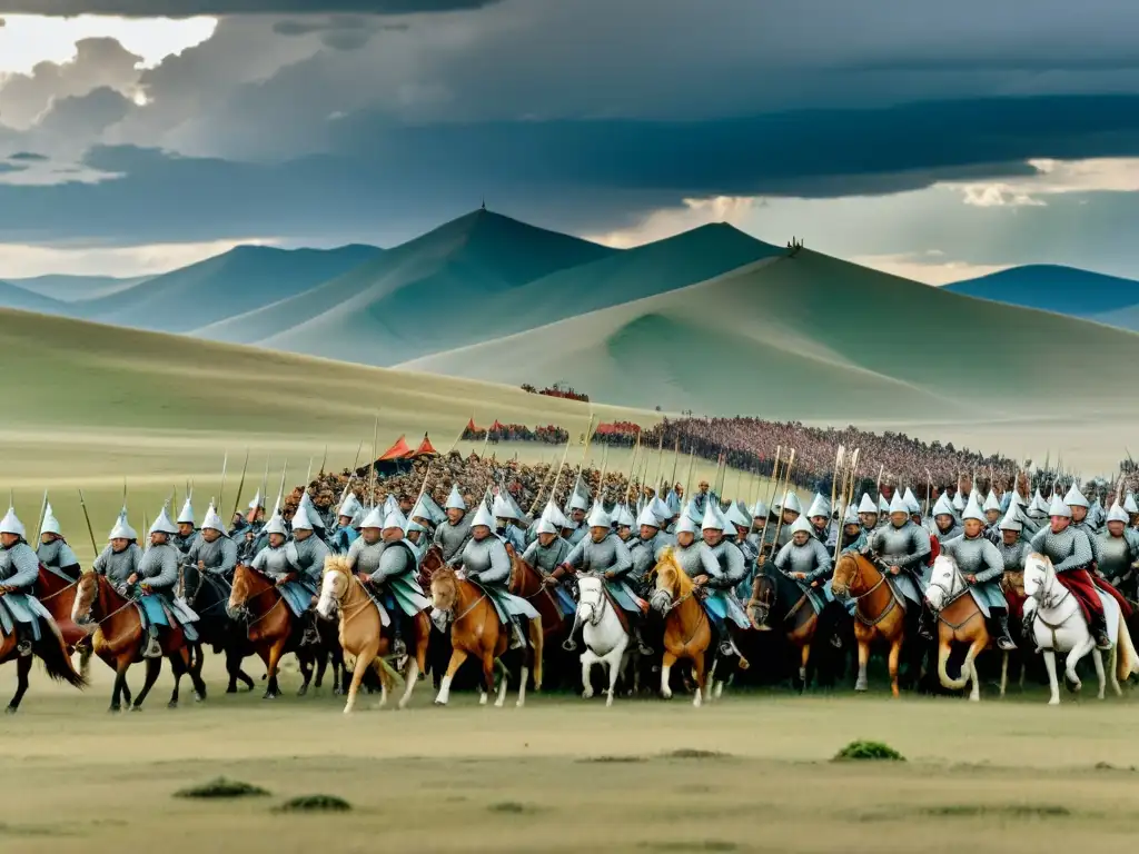 Imponente ejército mongol en movimiento, líder Genghis Khan, tácticas militares Imperio Mongol