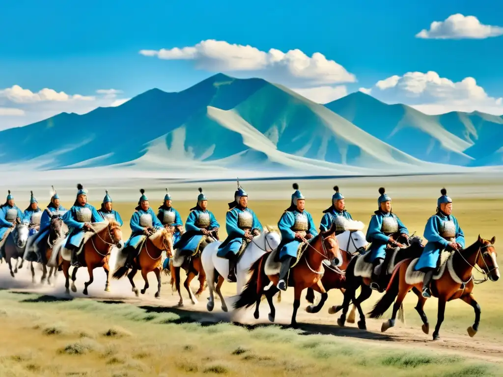 Imponente ejército mongol en movimiento a través de la estepa, mostrando la logística del Imperio Mongol en su vastedad y complejidad