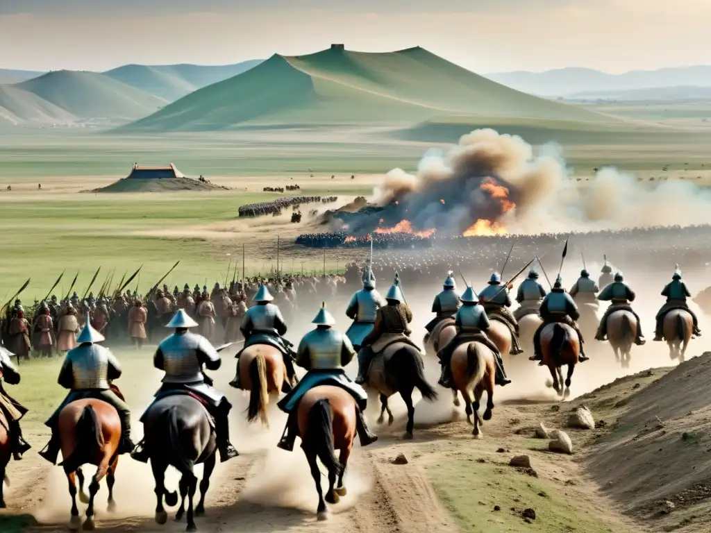 Imponente escena de la Batalla de Mohi: guerreros del Imperio Mongol cabalgan entre la devastación y las fuerzas húngaras vencidas