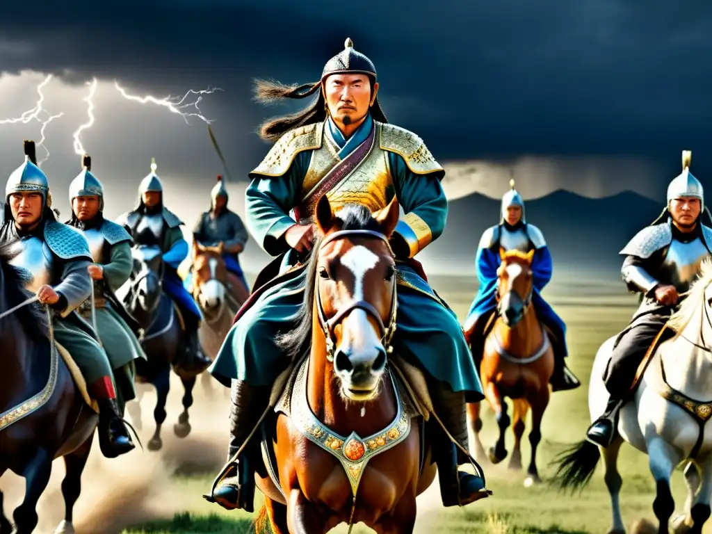 Imponente escena del líder Genghis Khan dirigiendo su ejército mongol a través de la llanura, iluminados por relámpagos