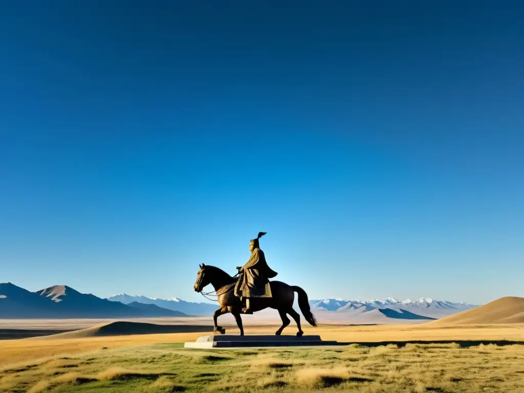 Imponente estatua de Genghis Khan en la extensa estepa mongol, evocando el legado de su imperio