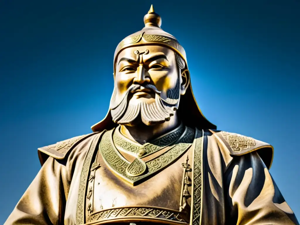 Imponente estatua de Genghis Khan en la vasta estepa mongola, mostrando su legado histórico y cultural