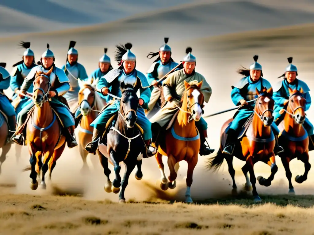 Imponente estrategia de ataque cuña del imperio mongol en llanuras abiertas, con guerreros a caballo y armas