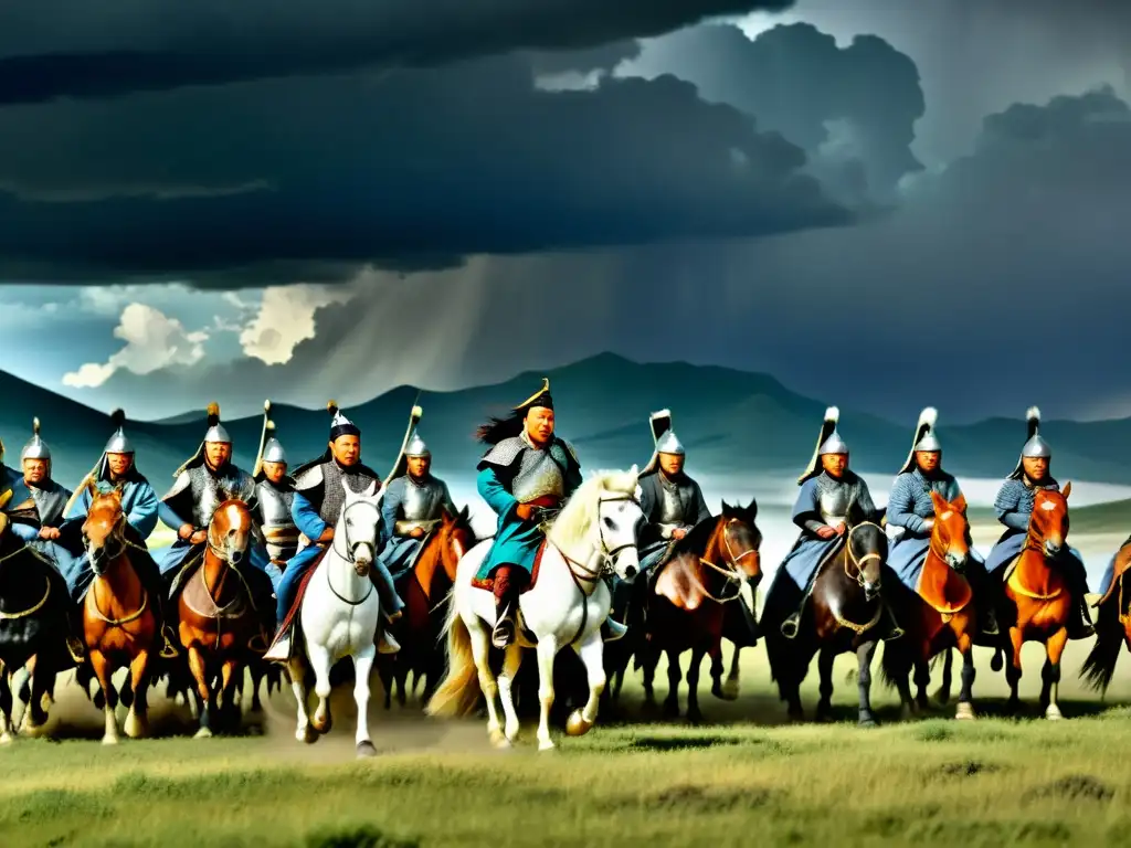 Imponente expansión territorial del Imperio Mongol liderada por Genghis Khan a caballo en la estepa mongol bajo un cielo tormentoso