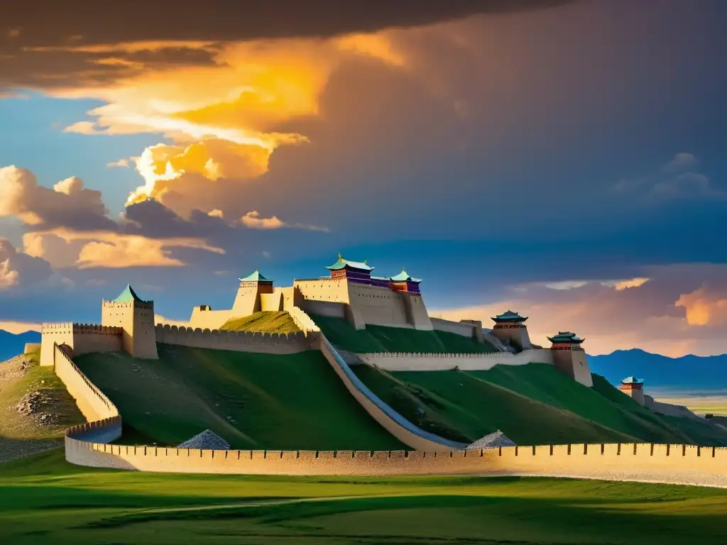 Imponente fortaleza de arquitectura guerrera del Imperio Mongol, destacando bajo un dramático cielo dorado al atardecer