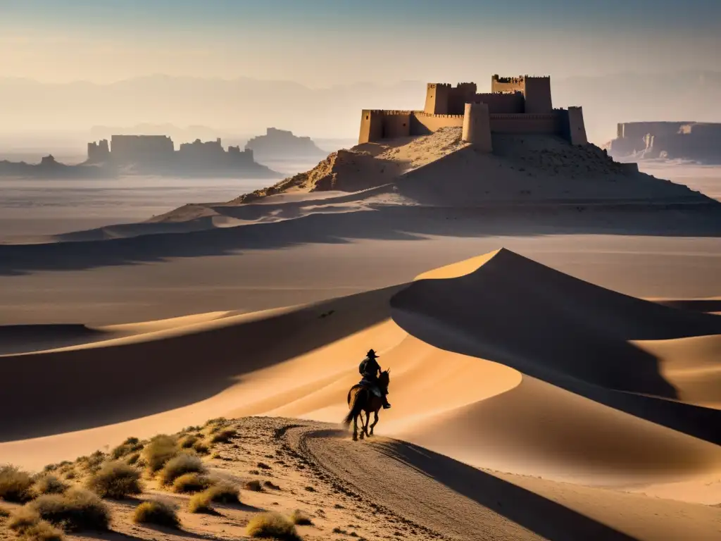 Imponente fortaleza en el desierto, jinete se acerca