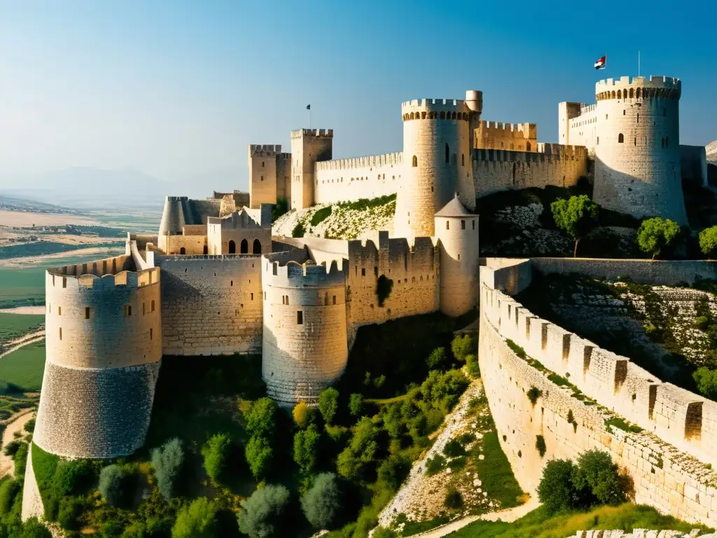 Imponente fortaleza medieval en Siria con detallada arquitectura y paisaje dramático