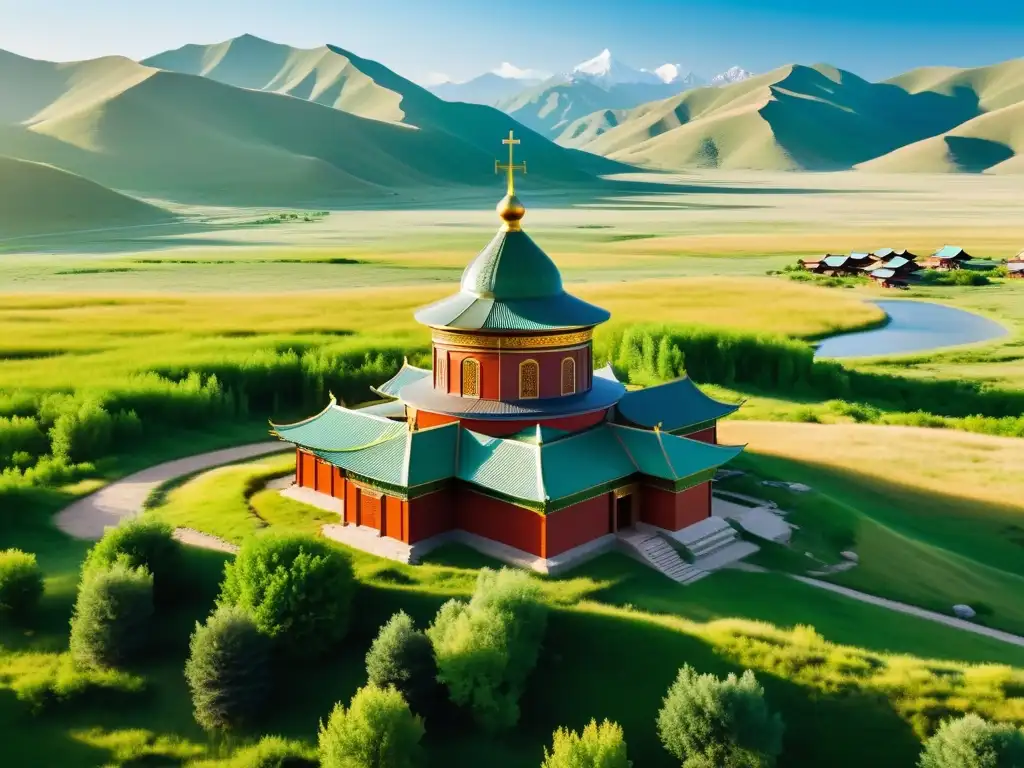 Imponente iglesia cristiana nestoriana en el paisaje mongol, fusionando religión y cultura en el Imperio Mongol