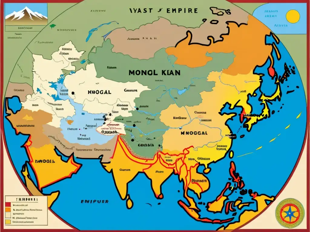 Imponente imagen del apogeo del Imperio Mongol con Genghis Khan y sus conquistas, reflejando el esplendor y el declive del Imperio Mongol