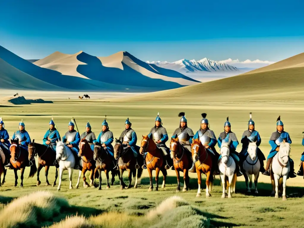 Imponente imagen del ejército de Genghis Khan cabalgando por las estepas mongoles, evocando el poder del Imperio Mongol y su historia de conquistas