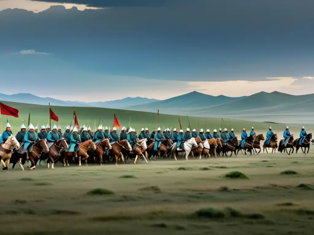 Imponente imagen del ejército del Imperio Mongol en la Batalla de Mohi, cargada de tensión y determinación en la preparación para la batalla