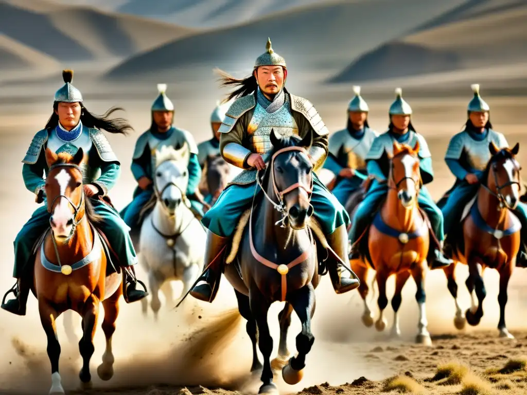 El liderazgo feroz de Genghis Khan en la invasión mongol Imponente imagen de Genghis Khan liderando su ejército a caballo en la vasta tierra de Mongolia, evocando las invasiones mongoles en India