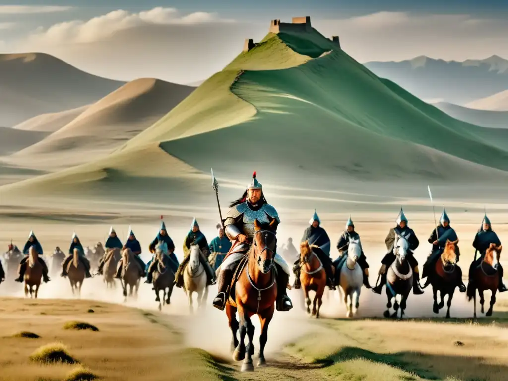 Imponente imagen de Genghis Khan liderando su ejército en las estepas mongolas, reflejando la expansión del Imperio Mongol en la historia