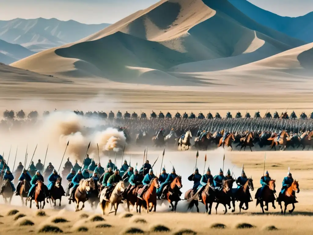 Imponente imagen de la expansión del Imperio Mongol en Asia, con un vasto ejército de miles de jinetes y soldados a pie avanzando por la estepa