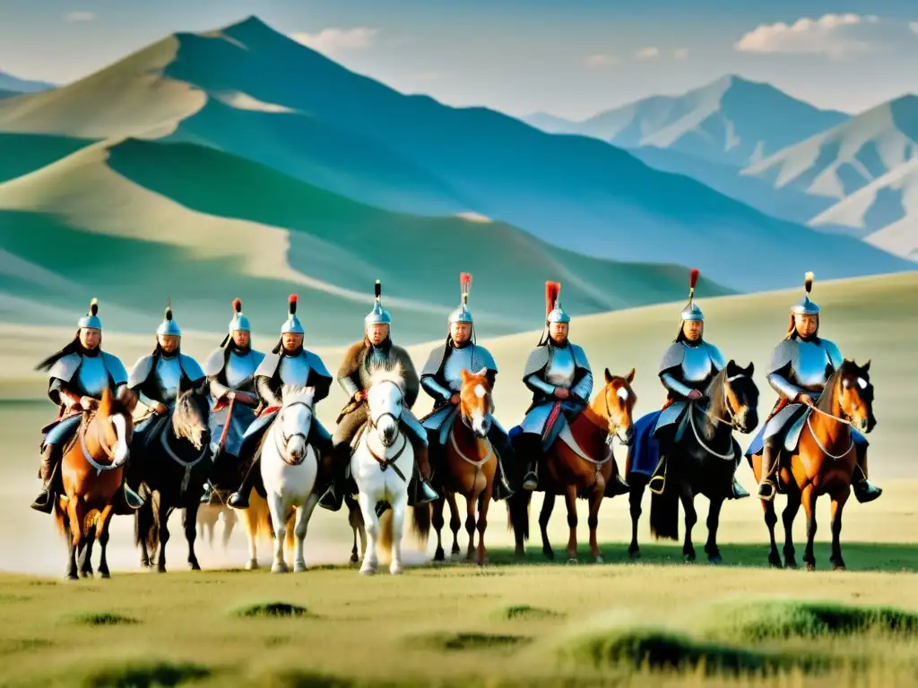 Imponente imagen del Imperio Mongol bajo Kublai Khan, guerreros a caballo en las vastas llanuras de Mongolia