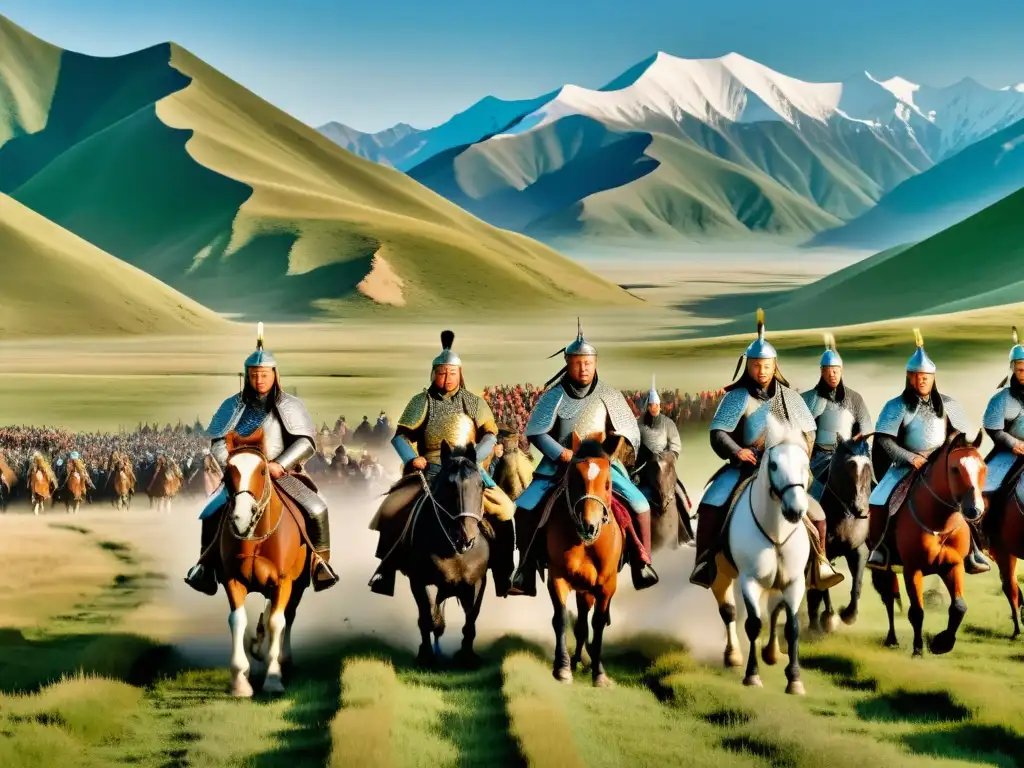 Imponente imagen en 8k del Imperio Mongol en su apogeo, con Genghis Khan liderando su ejército a través de las estepas