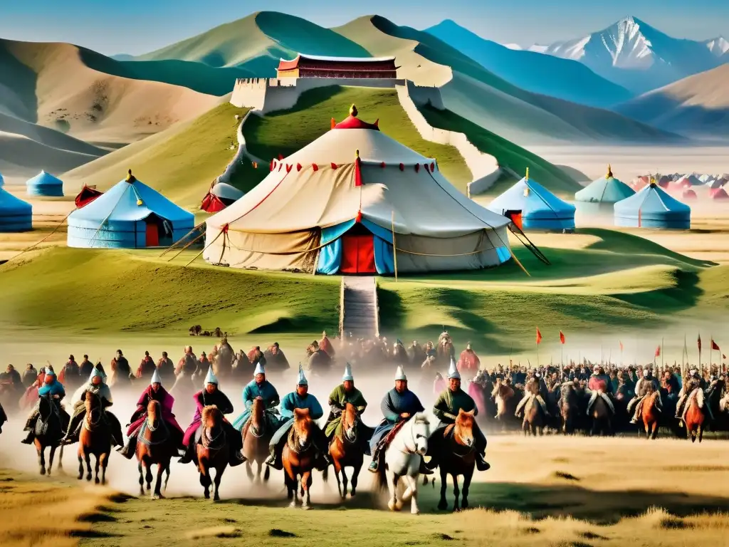 Imponente Imperio Mongol en su apogeo, con Genghis Khan y su legado rodeado de guerreros yurtas en la estepa, capturando el declive del Imperio Mongol