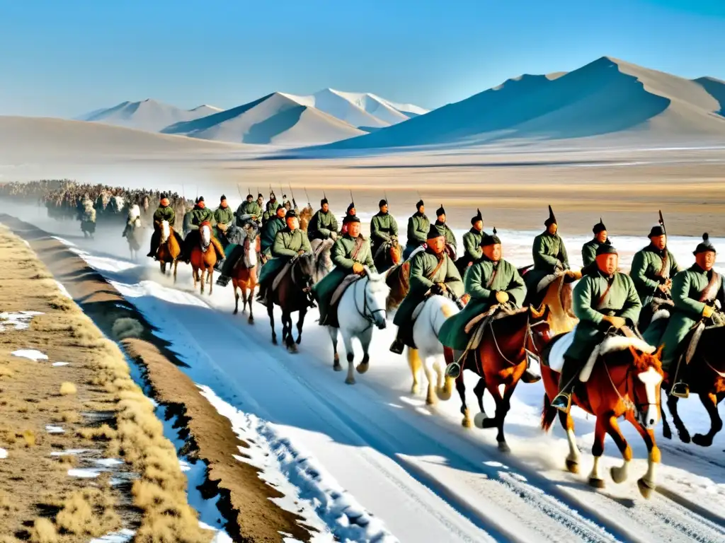 Imponente logística del Imperio Mongol en marcha a través de un paisaje desolado, con soldados a caballo y provisiones