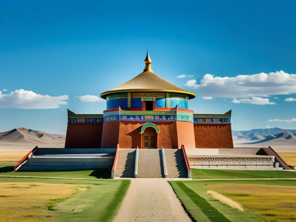 Imponente mausoleo de Genghis Khan en la estepa mongol, con el cielo azul de fondo