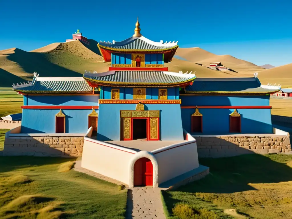 Imponente Monasterio Erdene Zuu en Mongolia, con intrincados detalles y colores vibrantes, reflejando la arquitectura en el Imperio Mongol