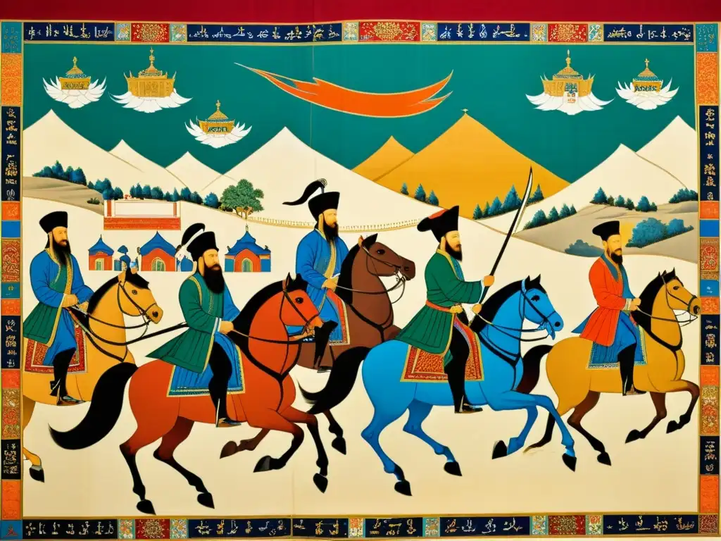 Imponente mural del Imperio Mongol Ilkhanes en Persia, con ricos detalles que capturan la fusión cultural y el poder histórico