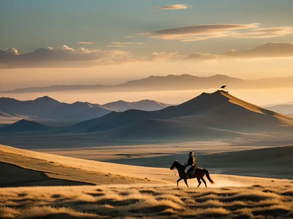 Imponente paisaje de la estepa mongol al atardecer dorado, con una figura a caballo y un halcón en el brazo, representando la influencia del Padre de Genghis Khan