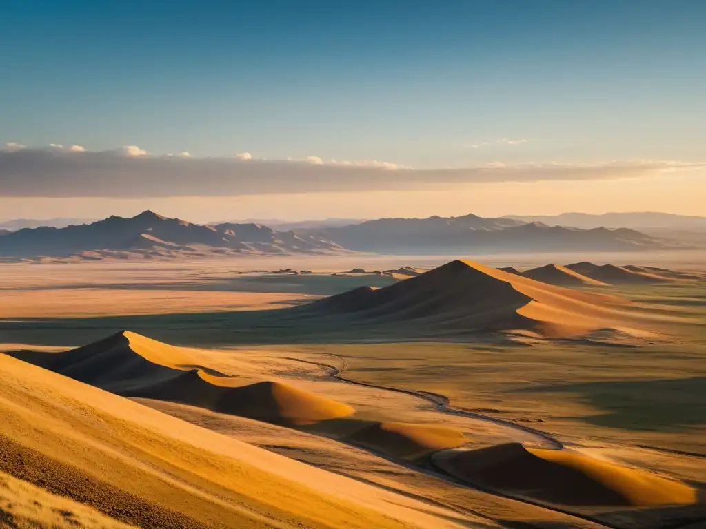 Imponente paisaje de la estepa mongola al atardecer, desafiando logística en el Imperio Mongol