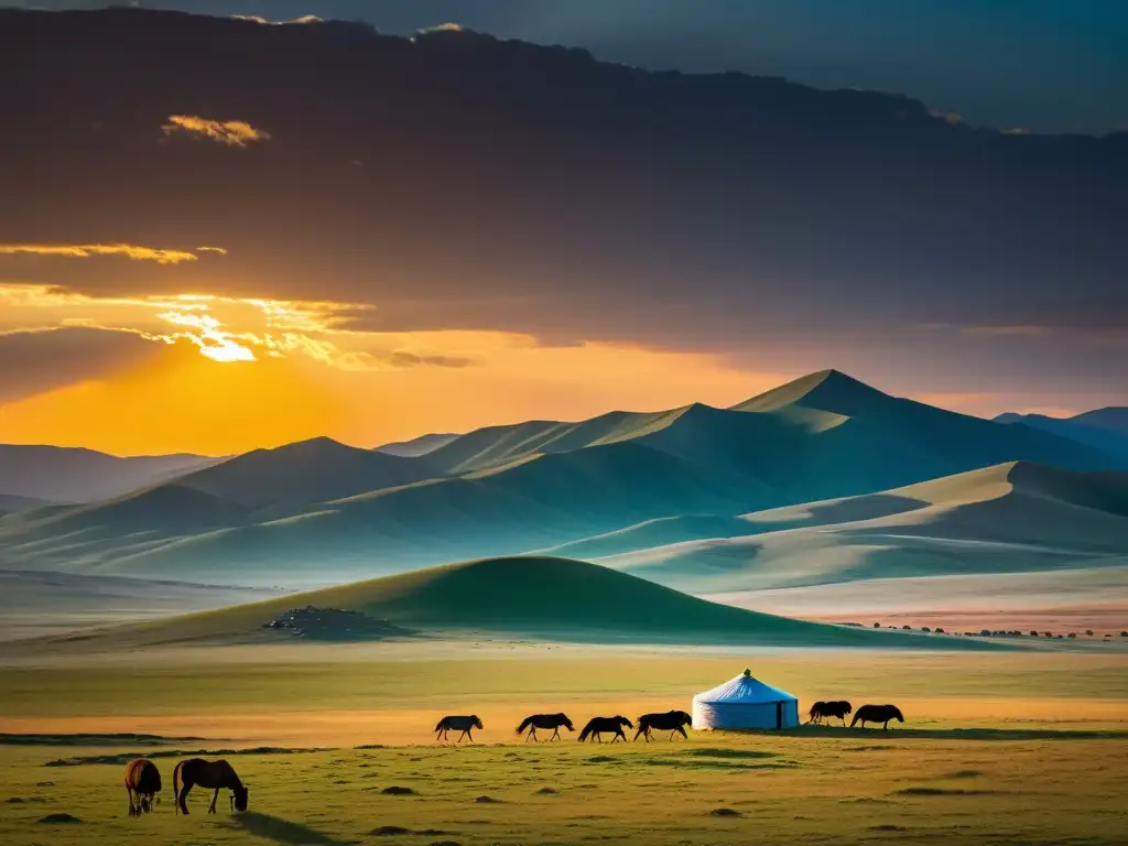 Imponente paisaje de la estepa mongola al atardecer con yurta nómada y caballos