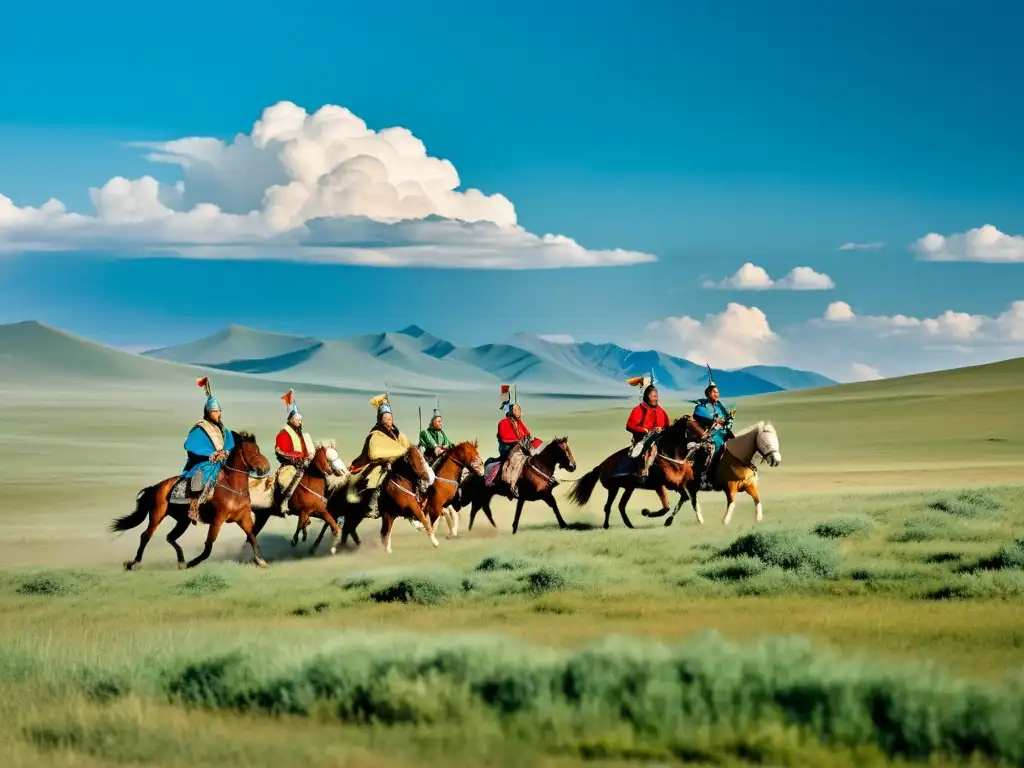 Imponente paisaje de las estepas mongoles con guerreros a caballo y águilas, evocando el impacto de las invasiones mongolas en Europa